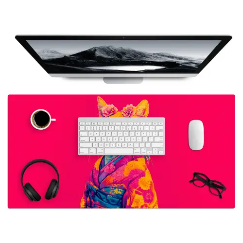Kat - Kimono - Bloemen - Roze Muismat XXL klein -3d