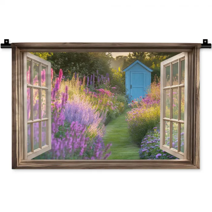 Doorkijk - Bloemen - Raam - Natuur Wandkleed katoen klein -zz3d