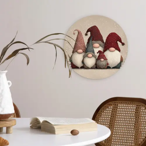 Kabouters - Kerst - Sneeuw - Puntmutsen Wandcirkel kunststof plaat 5mm dik klein -sfeer4