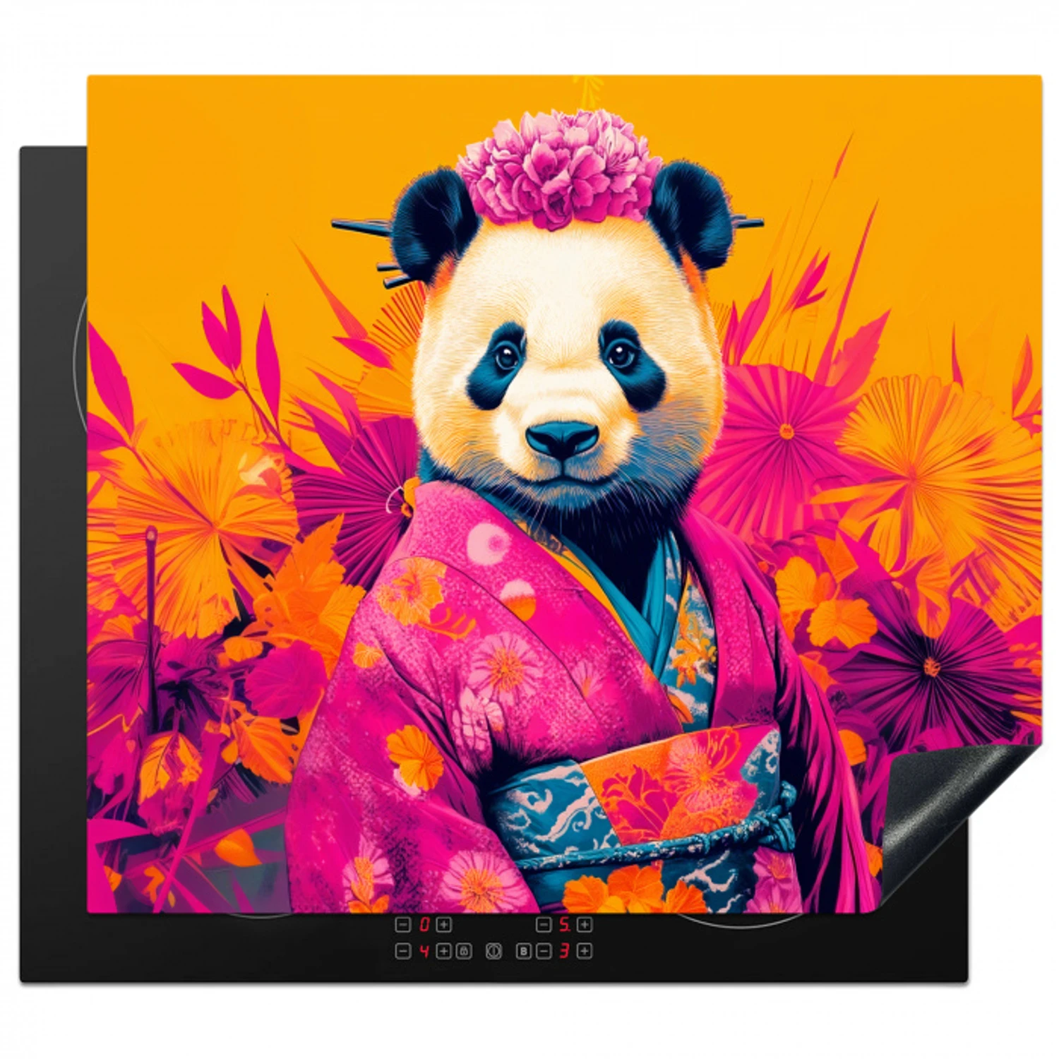 Kimono - Roze - Panda - Bloemenkroon Inductie beschermer vinyl 3mm middel -3d