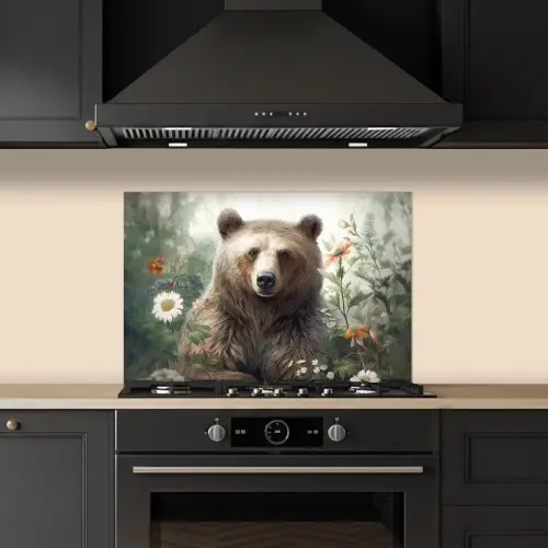 Bruine beer - Wilde dieren - Bloemen - Planten keuken achterwand spatscherm klein -sfeer1