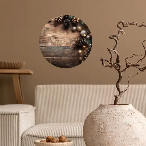 Kersthoekdecoratie - Dennenappels - Lichtjes Wandcirkel behangsticker klein -sfeer1