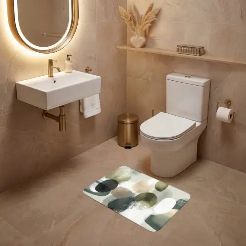 Minimalistisch - Cirkels - Penseelstreken - Beige WCmat klein -sfeer3