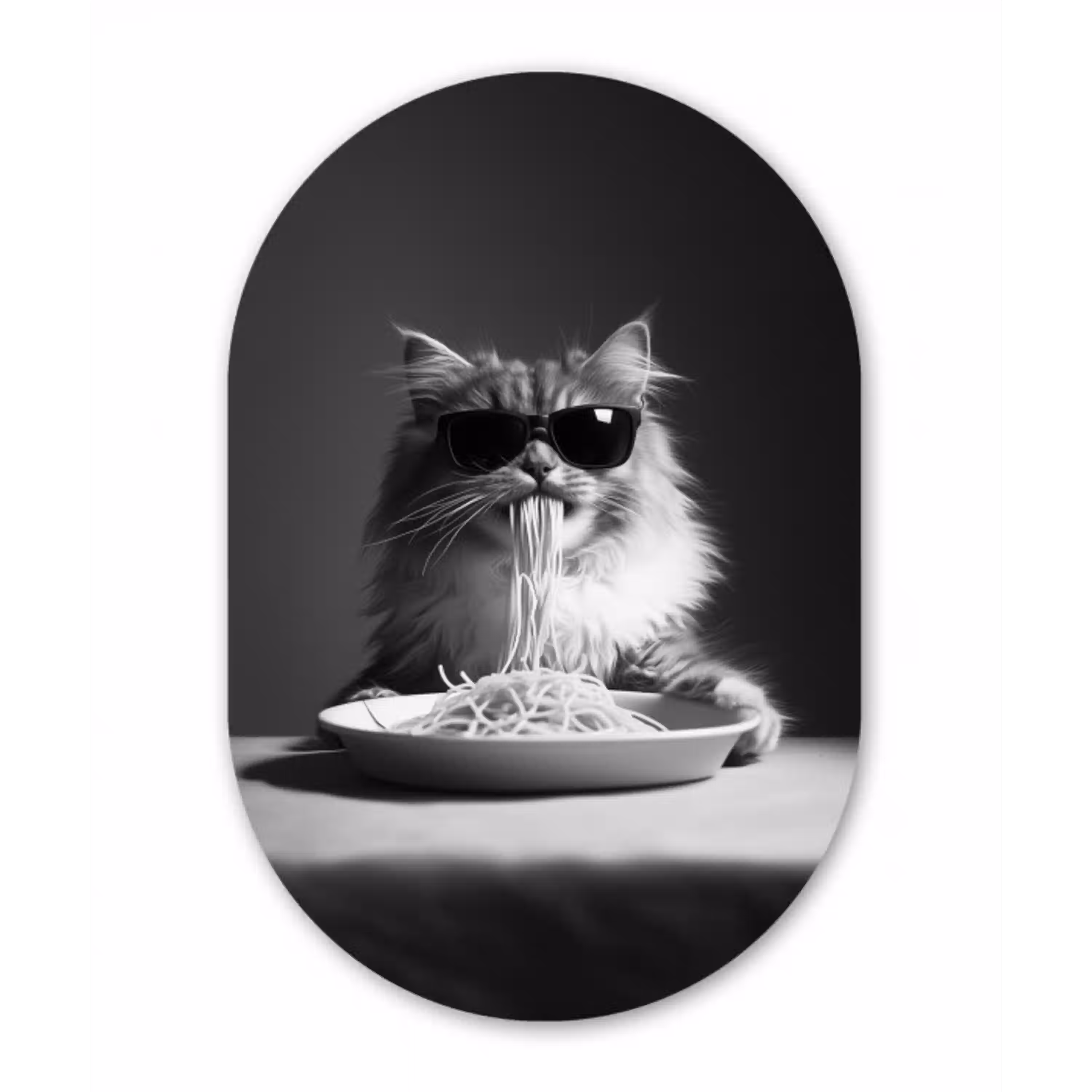Langharige kat - Zonnebril - Spaghetti - Humor - Zwart - wit Wandcirkel Ovaal Aluminium middel -3d