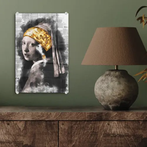 Meisje met de parel - Johannes Vermeer - Krant - Goud plexiglas 5mm klein -sfeer3