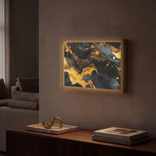 Marmer - Goud - Zwart - Abstract - Modern Light Box met batterij (Wandlamp) middel -sfeer1