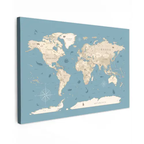Wereldkaart - Oceaan - Realistisch - Blauw Tuinposter op houten frame 2 cm dik klein -3d