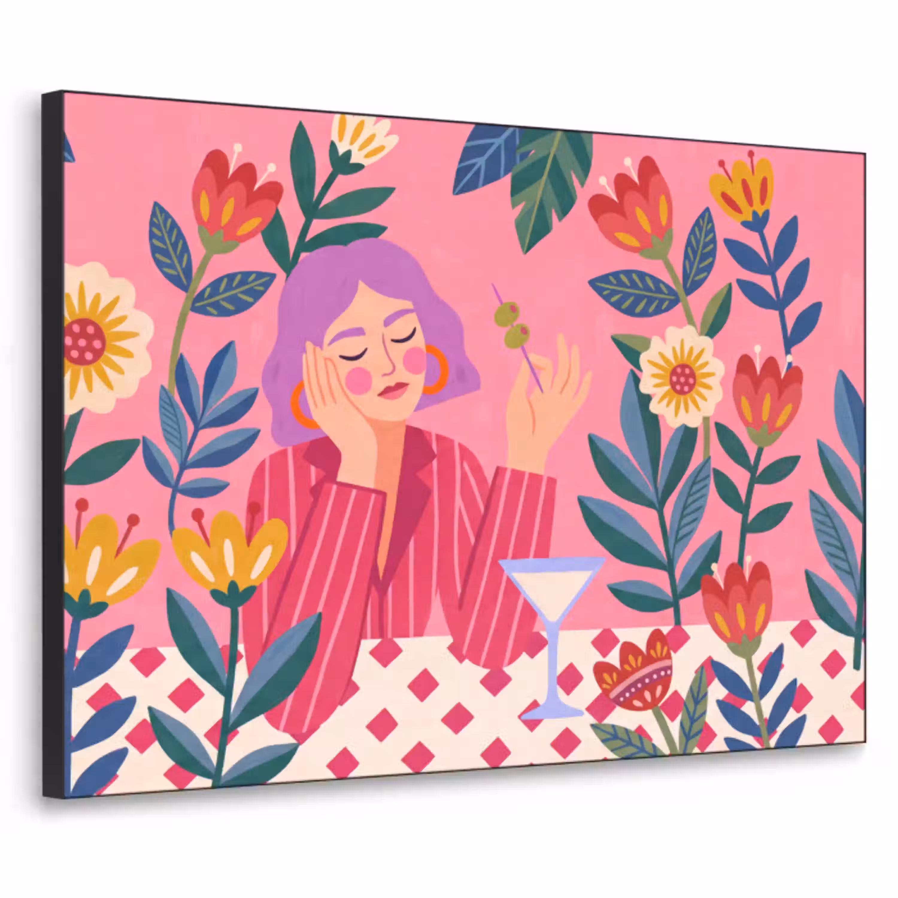 Vrouw - Cocktail - Bloemen - Modern - Roze Textielframe zwart klein -3d