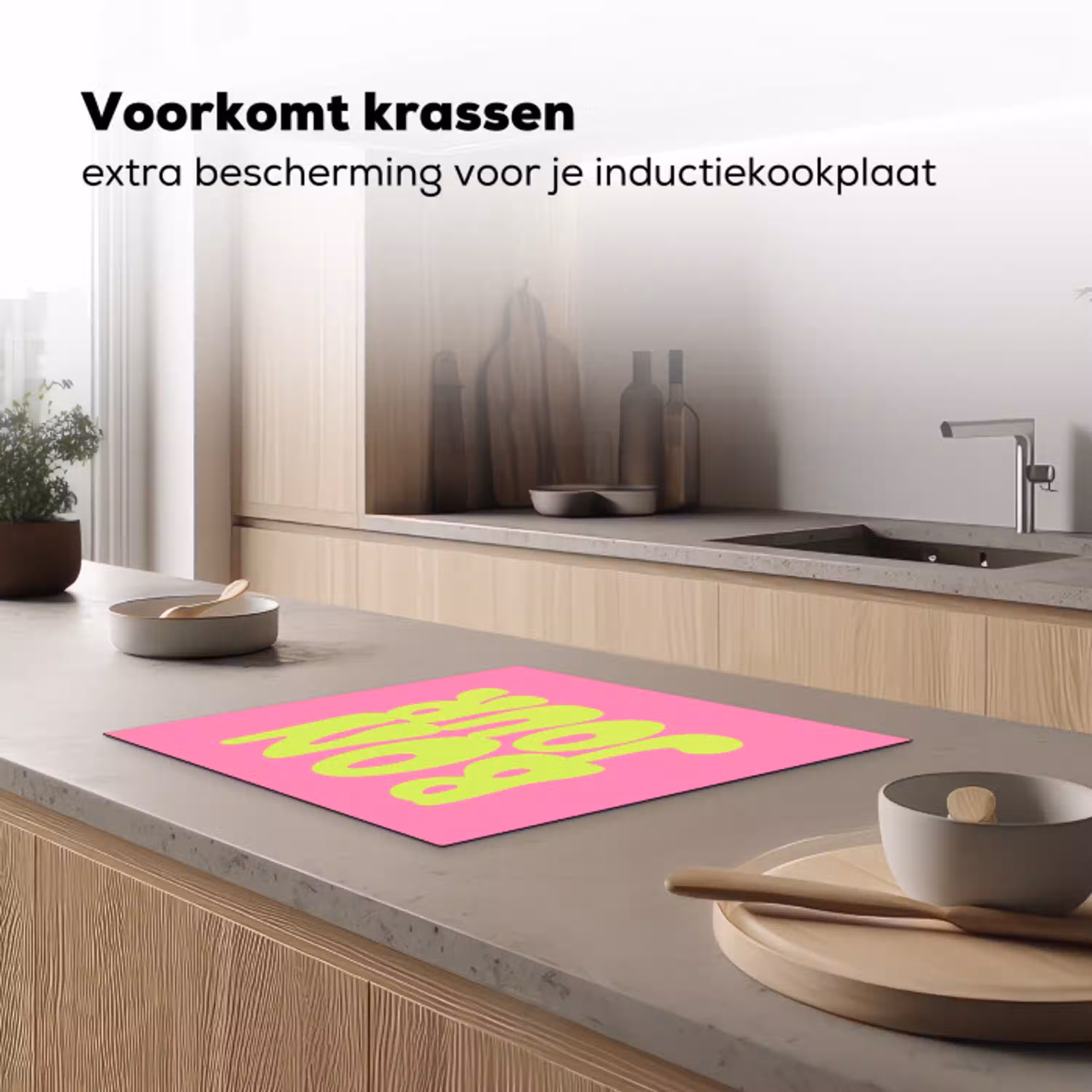 Bonjour - Roze - Fel groen Inductie beschermer vinyl 3mm middel -sfeer1