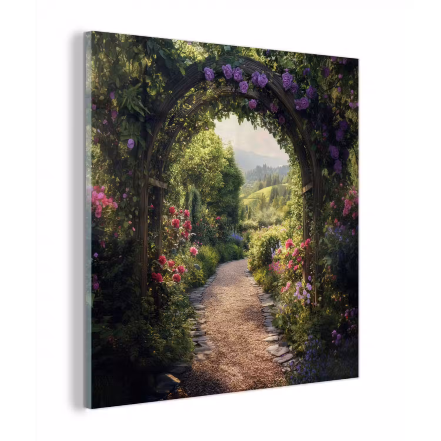 Glasbild - Ausblick - Landschaft - Blumen - Gartenbogen - Natur