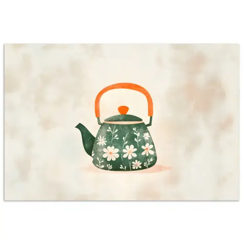 Theepot - Groen - Bloemen - Oranje poster papier klein -3d