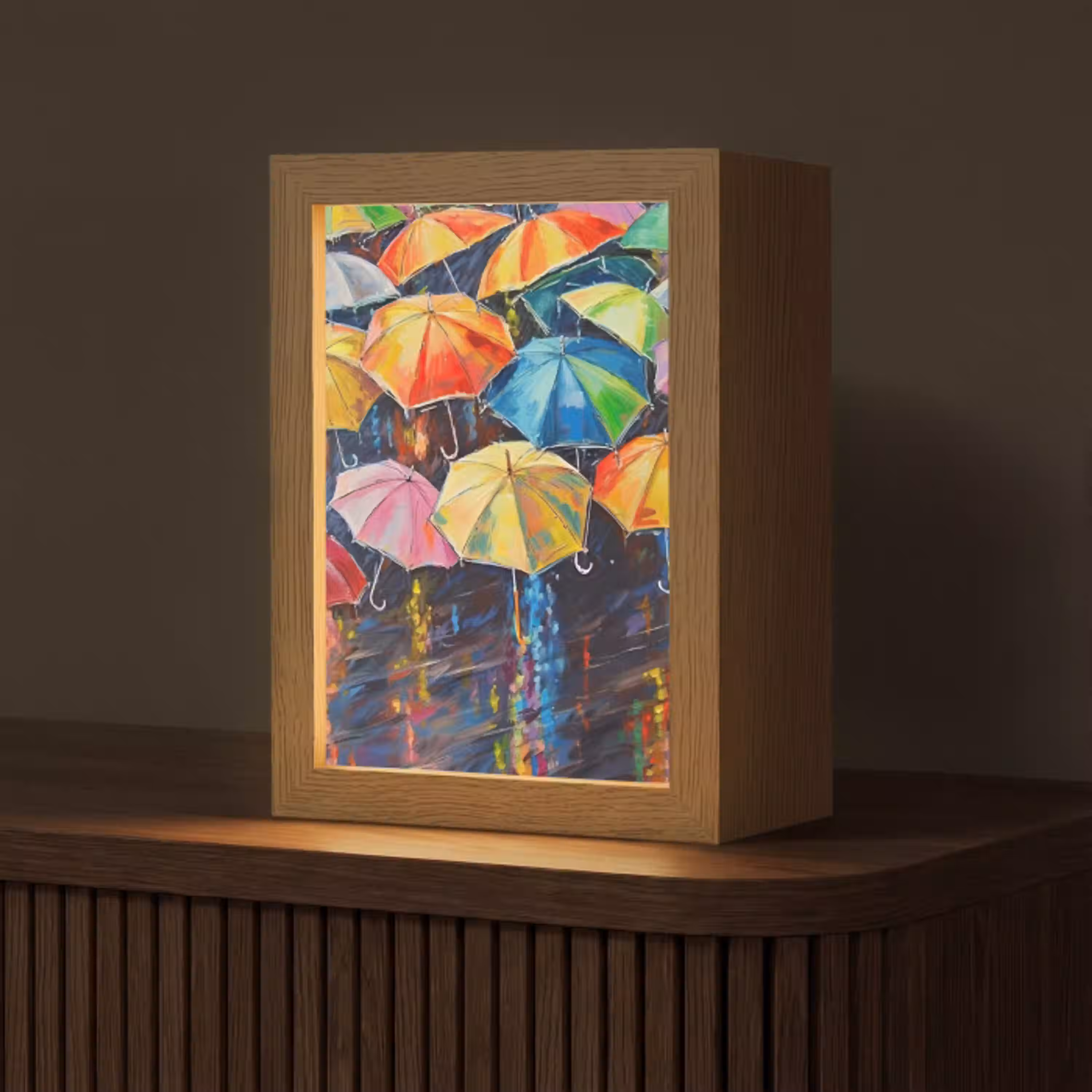 Paraplu's - Schilderij - Kunst - Regenboog Light Box met kabel (Tafellamp) klein -z3d_website