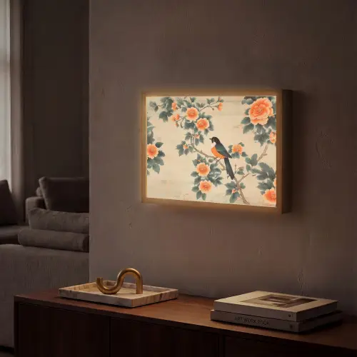 Vogel - Tak - Bloemen - Oranje Light Box met batterij (Wandlamp) middel -sfeer1