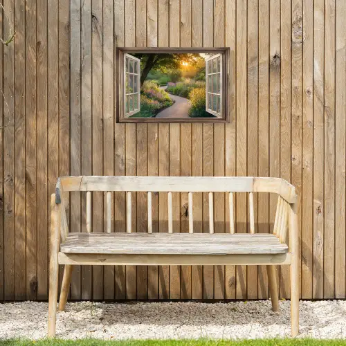 Doorkijk - Bloemen - Natuur - Zon - Pad Tuinposter op houten frame 2 cm dik klein -sfeer4