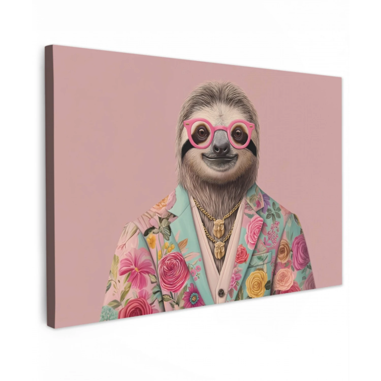 Luiaard - Bloemenprint - Bril - Roze Tuinposter op houten frame 2 cm dik klein -3d