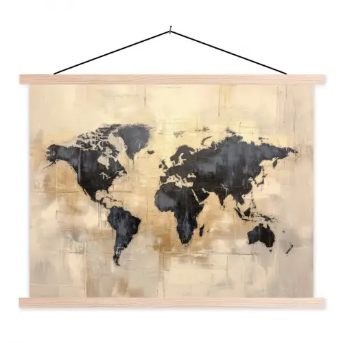 Wereldkaart - Goud - Zwart - Abstract textielposter latten blank klein -3d