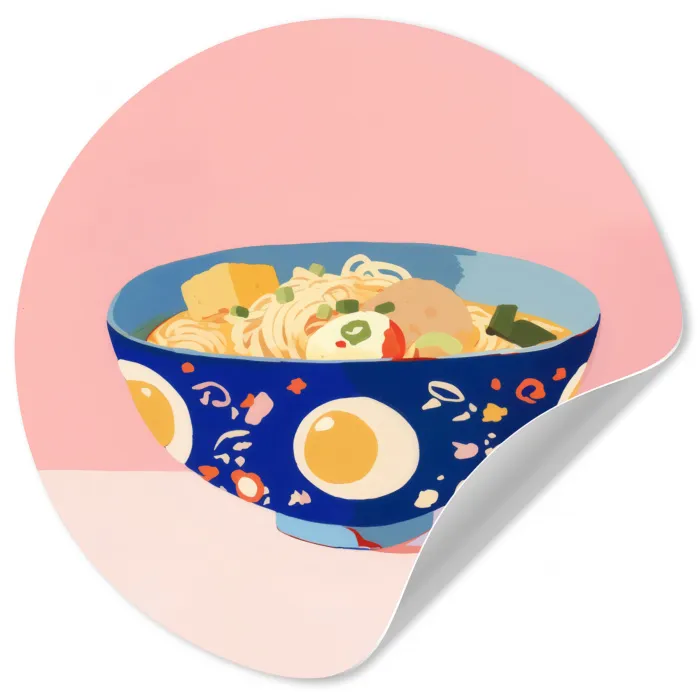 Noodles - Kom - Blauw - Illustratie Wandcirkel behangsticker klein -3d