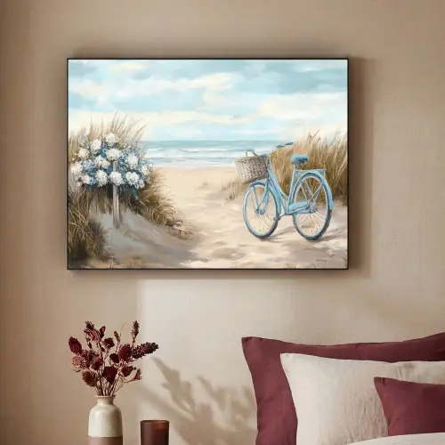 Strand - Zee - Fiets - Vintage - Bloemen Textielframe zwart klein -sfeer1