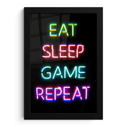 Gaming - Led - Quote - Eat sleep game repeat - Gamen fotolijst zwart zonder passe partout klein -3d