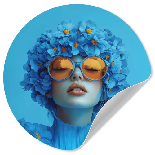 Vrouw - Bloem - Blauw - Modern - Bril - Portret Wandcirkel behangsticker klein -3d