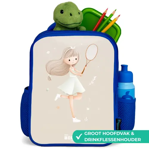 Meisje speelt tennis in beige kleuren Kinderrugzak - Blauw middel -inhoud_NL
