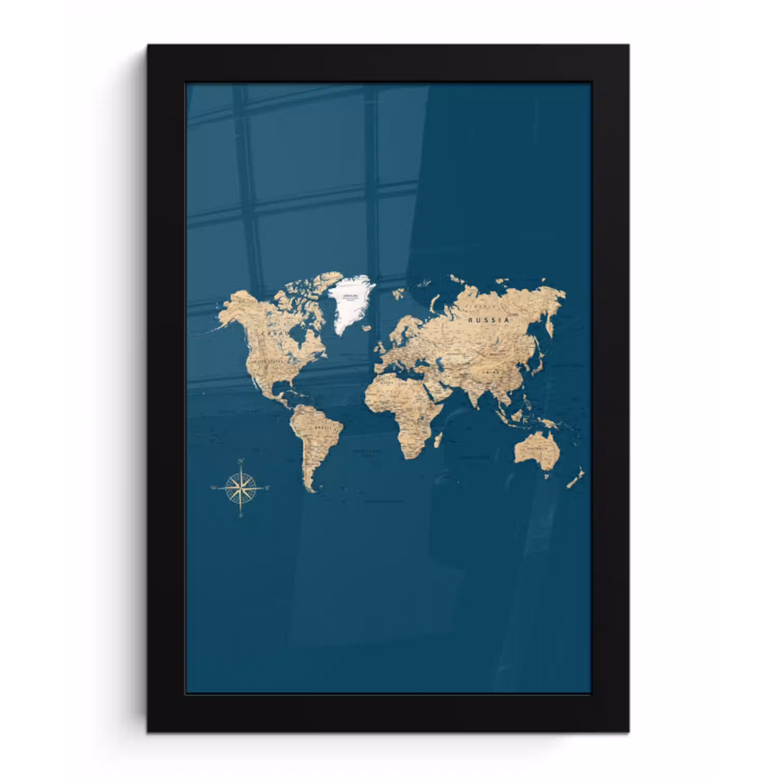 Wereldkaart - Donkerblauw - Beige fotolijst zwart zonder passe partout klein -3d