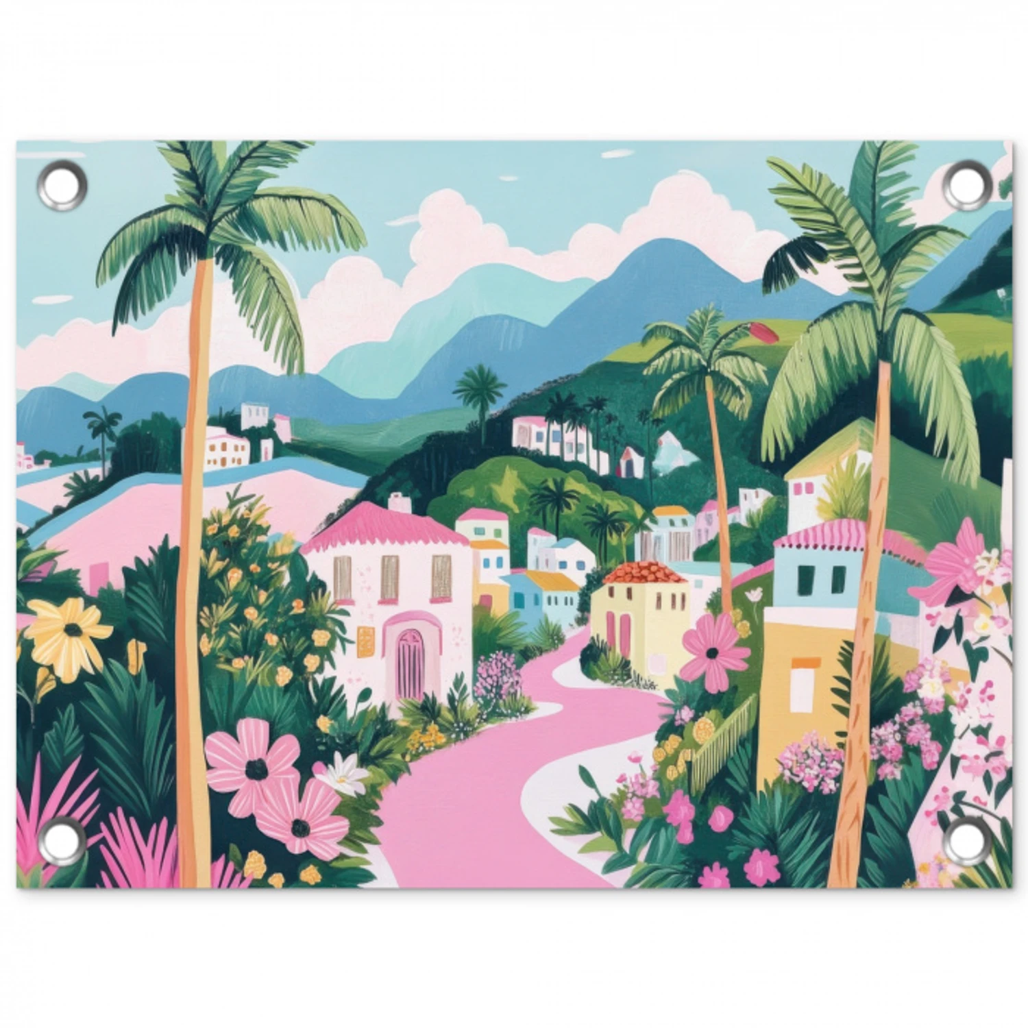 Kleurrijk - Huizen - Heuvels - Roze tuinposter los doek klein -3d