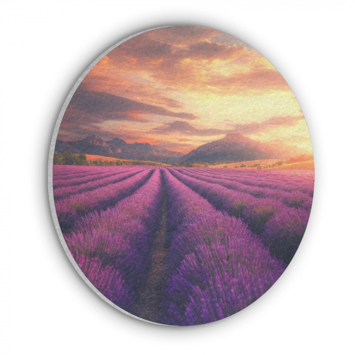 Lavendelveld - Zonsondergang - Paars Akoestische PET Vilt - Rond klein -3d