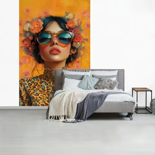 Vrouw - Bloemen - Aesthetic - Oranje fotobehang vinyl groot -slaapkamer