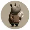 Neushoorn - Witte bloemen - Lief Wandcirkel kunststof plaat 5mm dik klein -3d