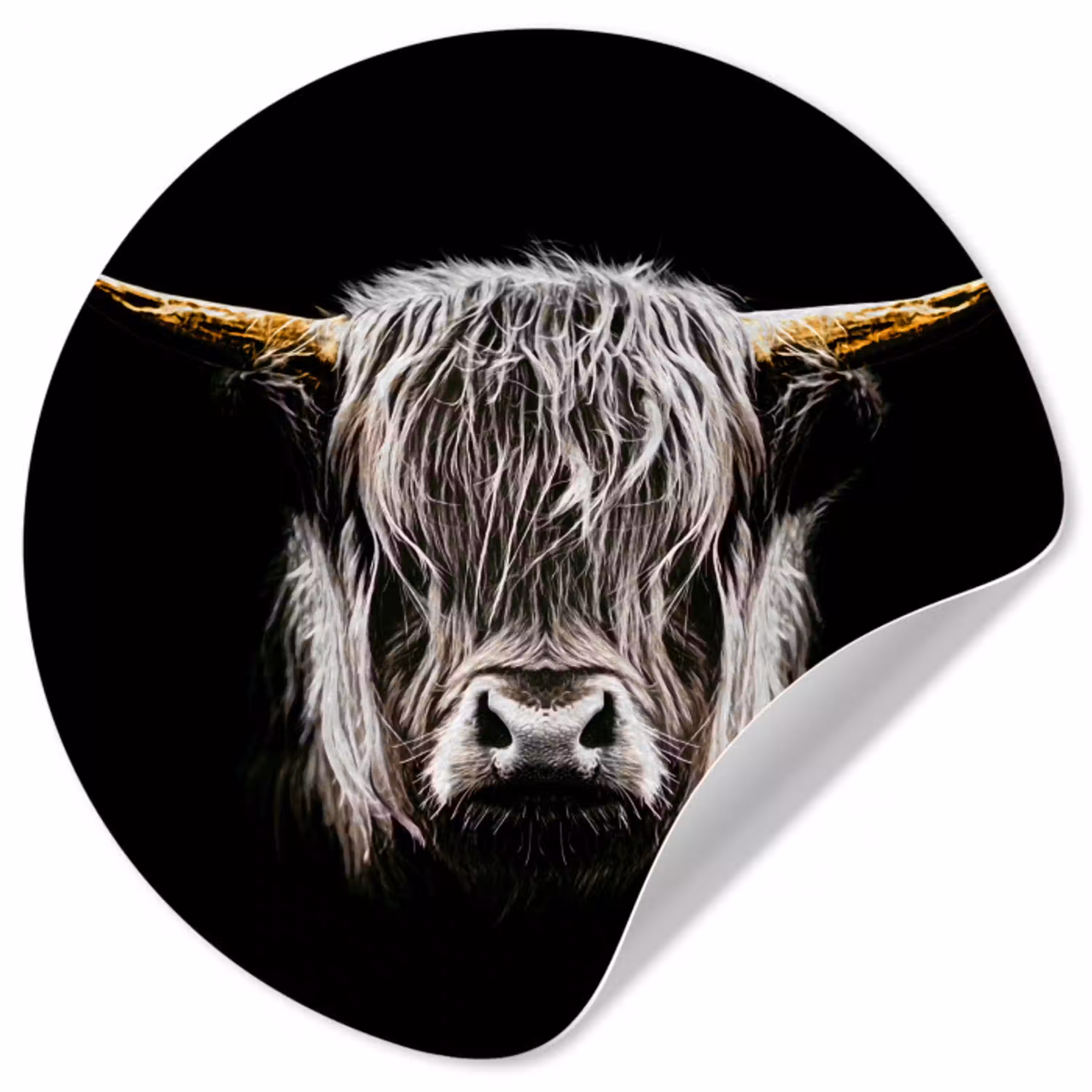 Schotse hooglander - Goud - Hoorns - Zwart wit - Koe - Dieren Wandcirkel behangsticker klein -3d