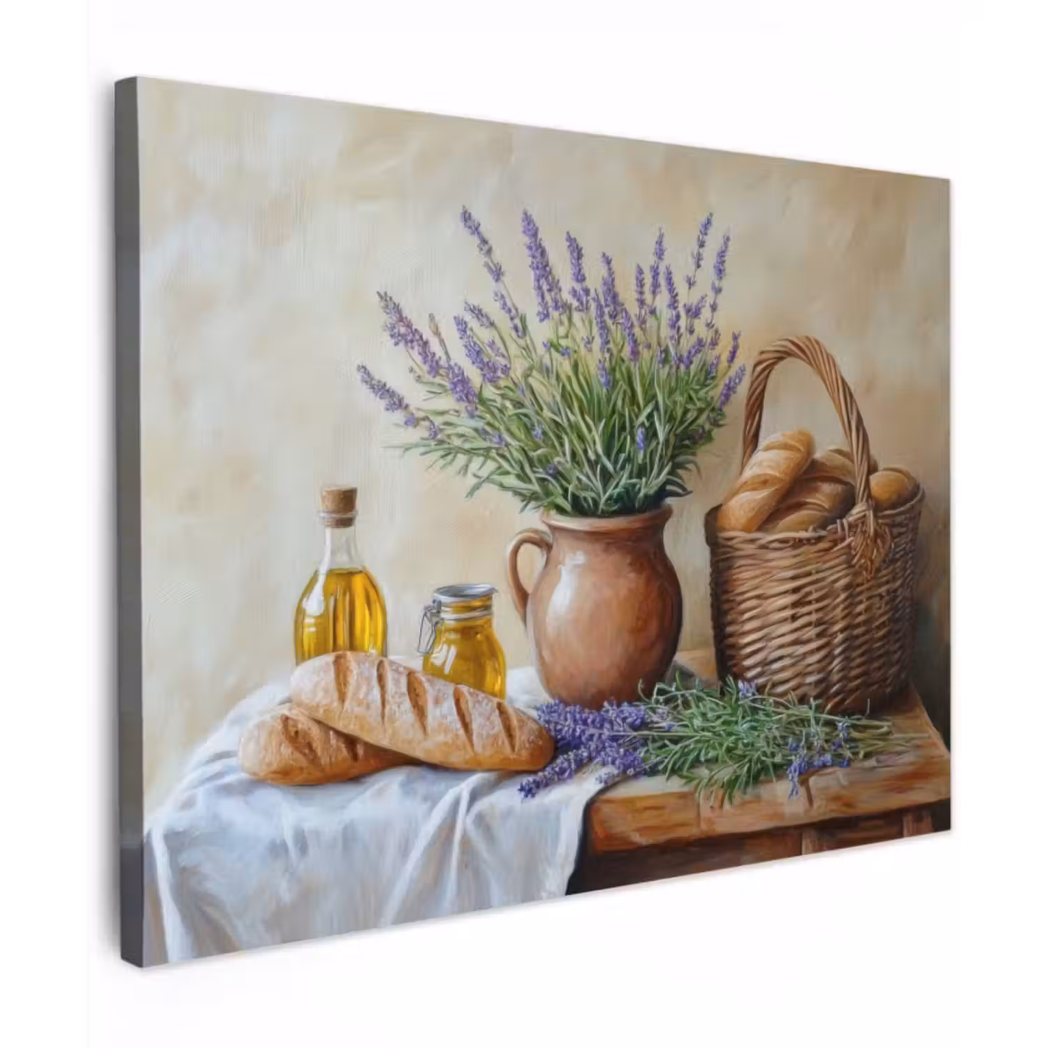 Canvas schilderij - Lavendel - Brood - Stilleven