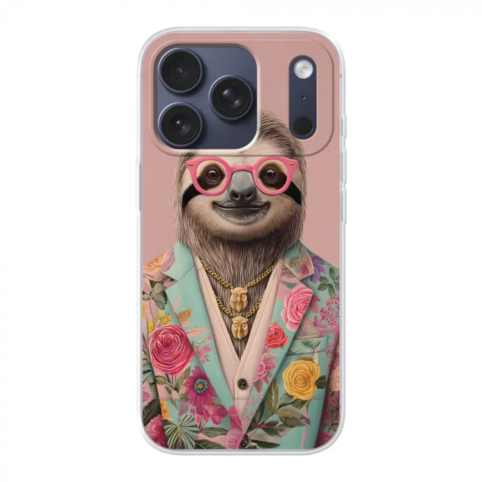 Luiaard - Bloemenprint - Bril - Roze Telefoonhoesje iPhone 17 Pro klein -3d