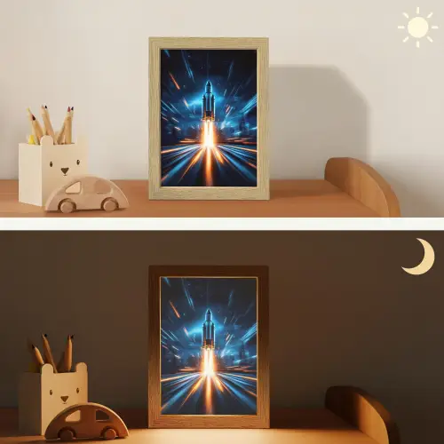 Raket - Ruimte - Blauw - Licht Light Box met kabel klein -sfeer3_kind