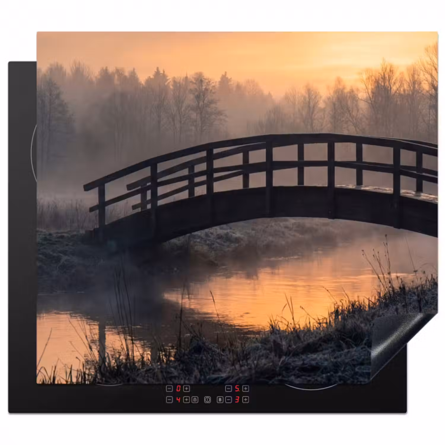 Herdabdeckplatte - Brücke - Nebel - Bäume - Wasser