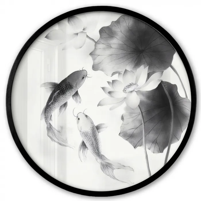 Lotusbloemen - Vissen - Bladeren - Zwart Fotolijst rond zonder passe partout klein -3d
