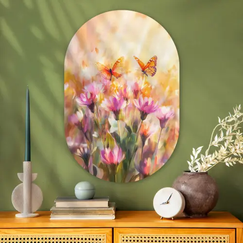 Vlinders - Oranje - Bloemen Wandcirkel Ovaal Glas middel -sfeer2