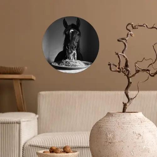 Paard - Bord - Pasta - Tafelkleed - Zwart Wit - Dieren Wandcirkel behangsticker klein -sfeer1