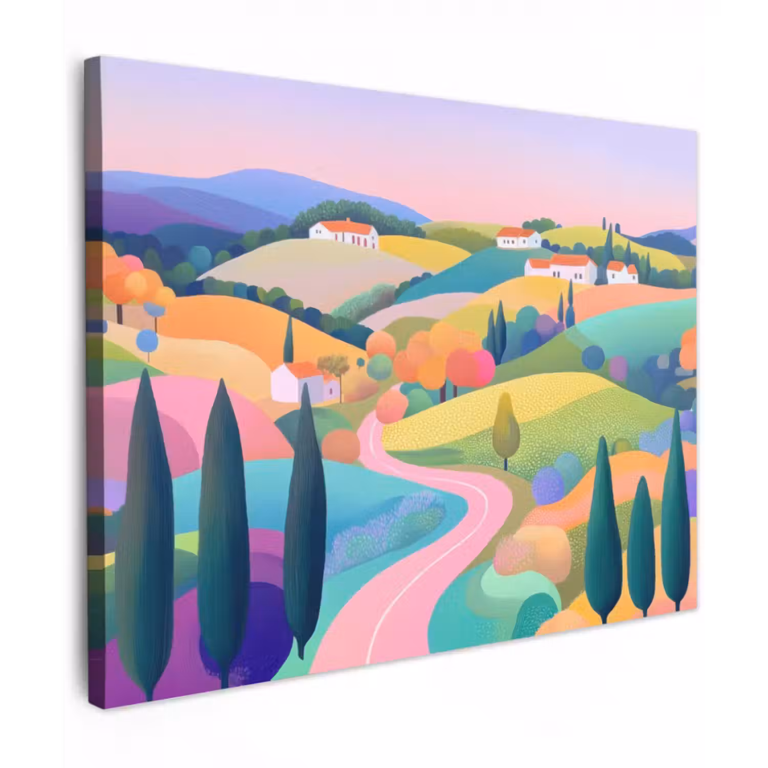 Leinwandbild - Landschaft - Lila - Pastell - Häuser