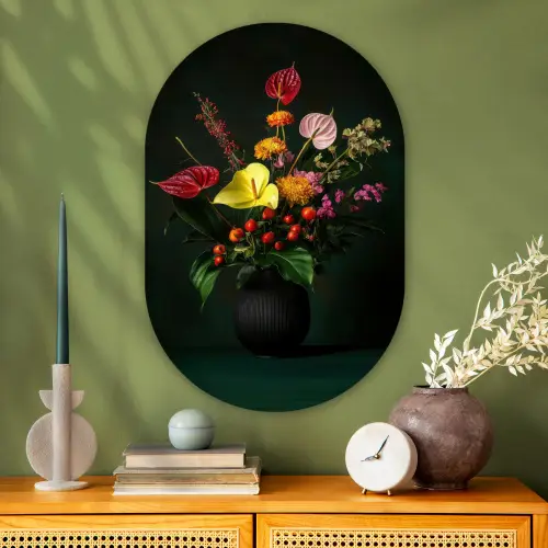 Bloemen - Vaas - Zwart Wandcirkel Ovaal Glas middel -sfeer2