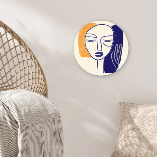 Minimalistisch - Gezicht - Hand - Oranje - Blauw Wandcirkel kunststof plaat 5mm dik klein -sfeer5