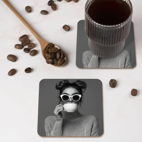 Vrouw - Koffie - Zwart - Wit onderzetter kurk middel -sfeer2