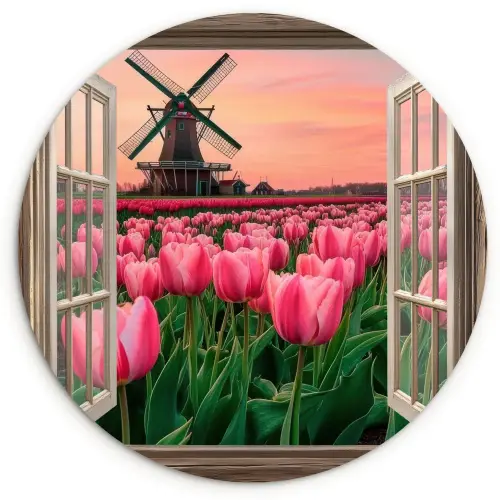 Doorkijk - Tulpen - Bloemen - Molen - Raam Wandcirkel kunststof plaat 5mm dik klein -3d