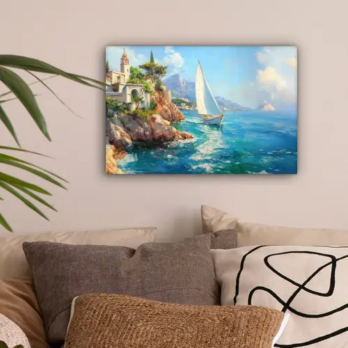 Zeilboot - Rotsen - Kust - Huizen canvas 2cm klein -sfeer1