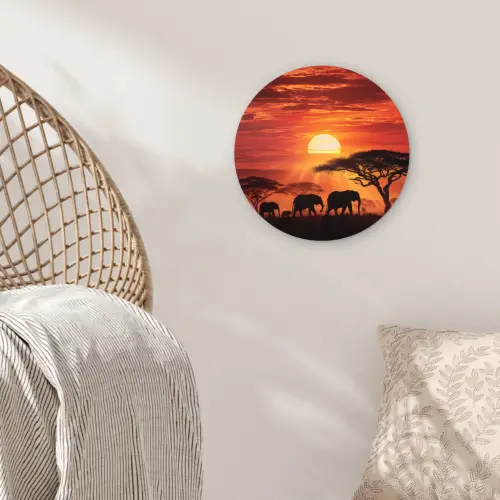 Savanne - Olifanten - Zonsondergang Wandcirkel kunststof plaat 5mm dik klein -sfeer5
