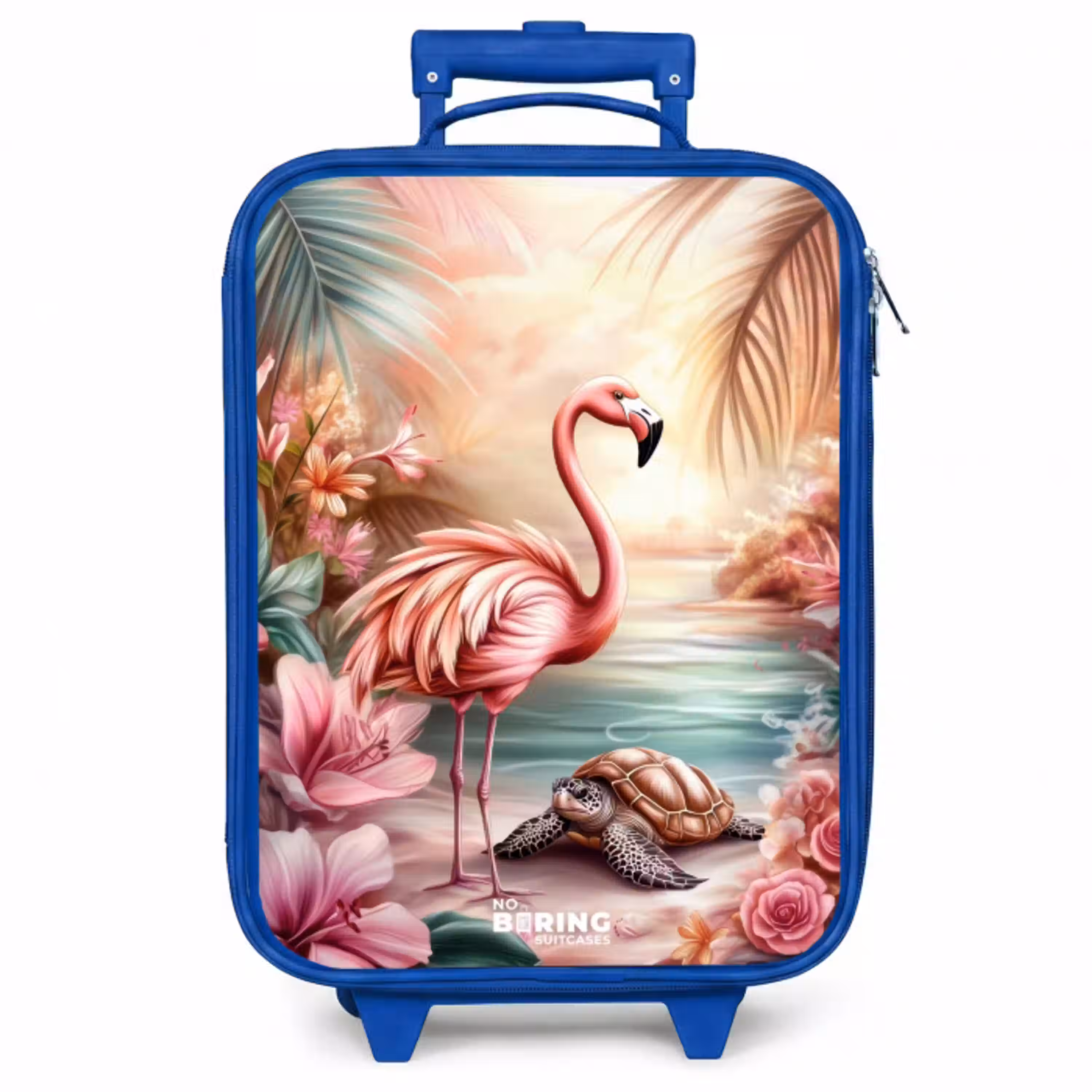 Flamingo en schildpad op een roze strand. Kinderkoffer - Blauw klein -zzz_website3d