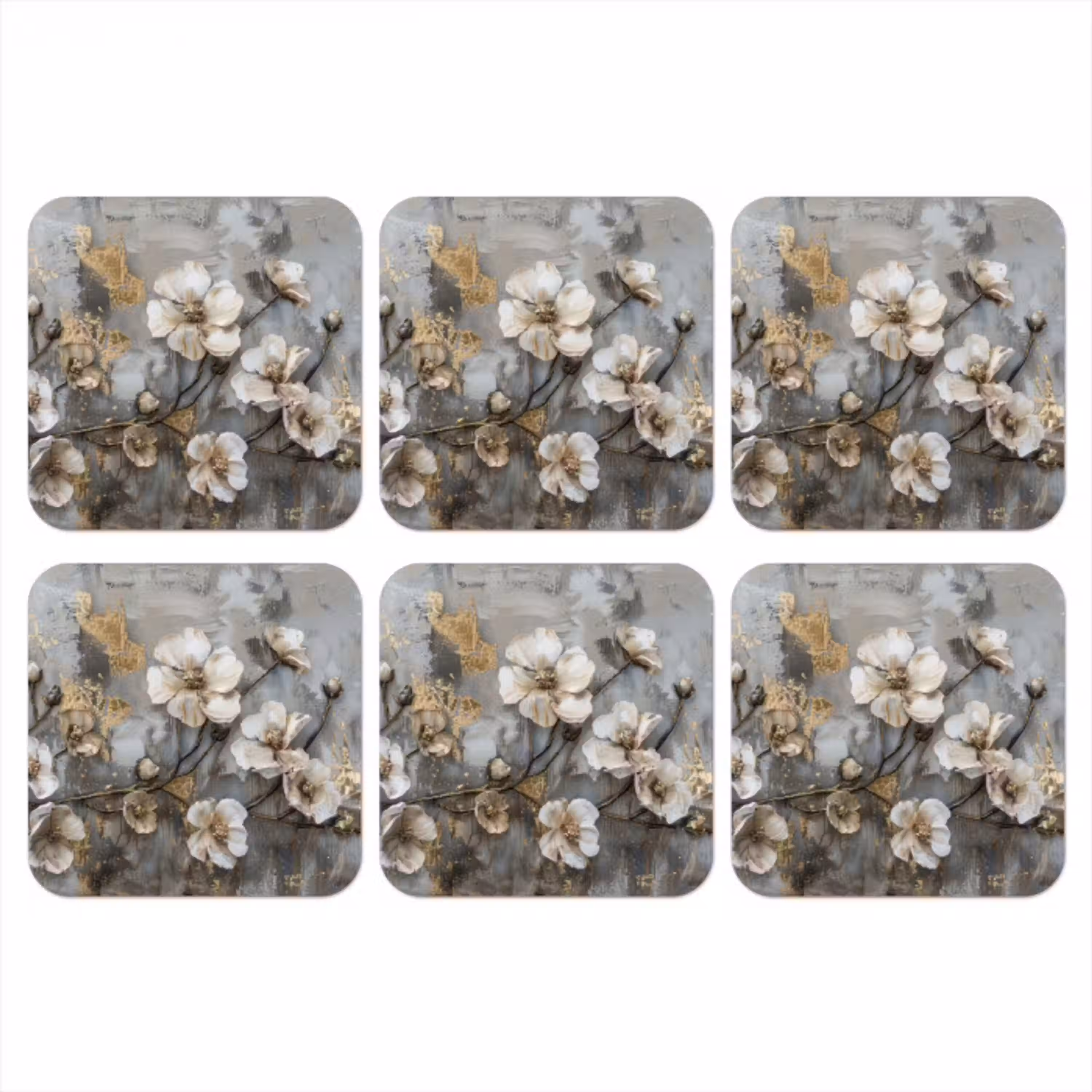 Bloemen - Wit - Grijs - Goud - Luxe onderzetter kurk middel -3d