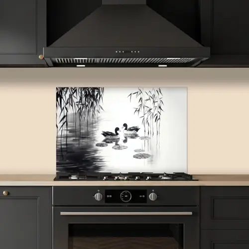 Eenden - Waterlelies - Riet - Zwart keuken achterwand spatscherm klein -sfeer1