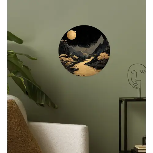 Gouden rivier - Bergen - Maan - Sterrenhemel Wandcirkel behangsticker klein -sfeer2
