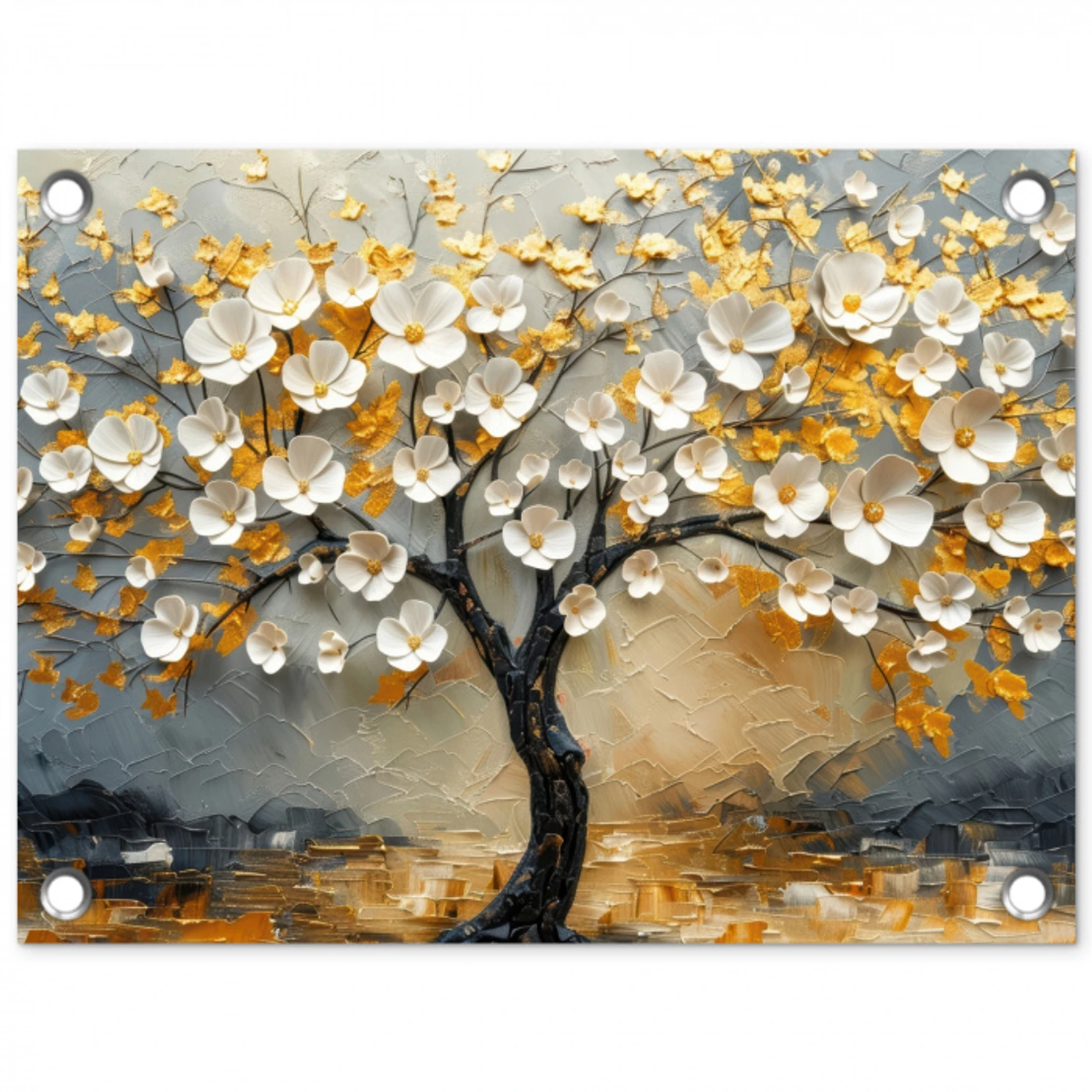 Boom - Bloemen - Goud - Beige tuinposter los doek klein -3d